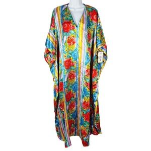 Winlar Floral Striped Kaftan Robe V-Neck Satin Lounger NEW romantic rose